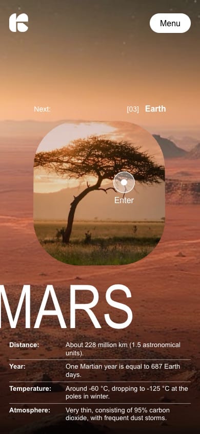 Space Voyage demo on a phone: stacked portal, Mars title and facts