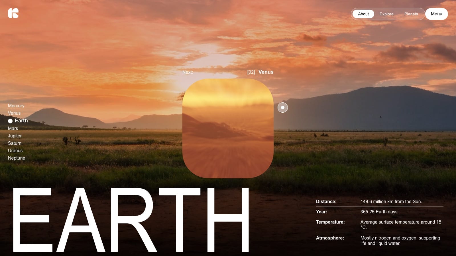 Space Voyage demo after jumping to Earth: savanna at sunset, with the portal now showing Venus